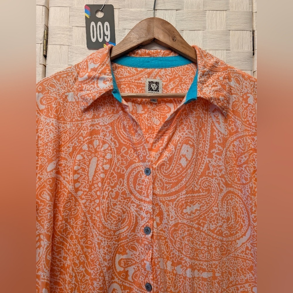 Anne Klein Orange Paisley Button Down Tunic Dress High Low Hem 3/4 Sleeve Small - Picture 4 of 8